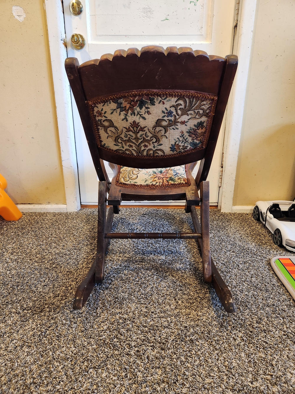 Antique Floral Upholstered Wooden Folding Rocking Chair - Brown - Picture 5 of 12